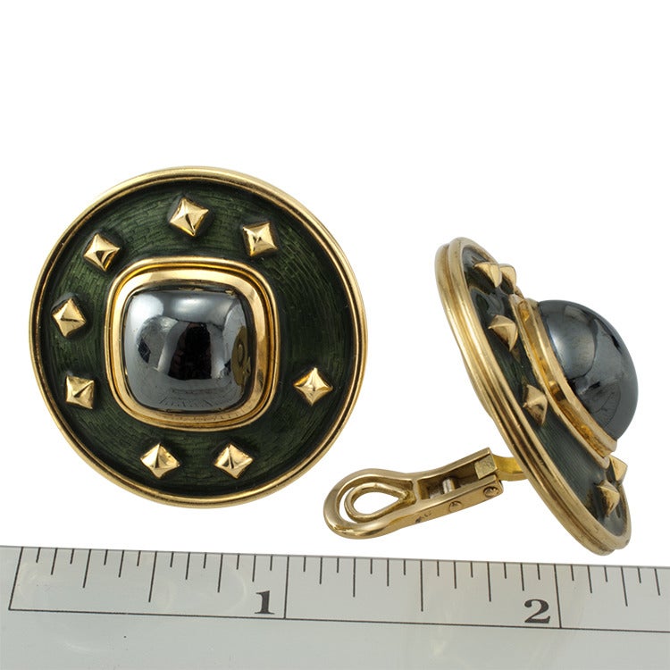 DeVroomen Hematite & Green Enamel Ear Clips