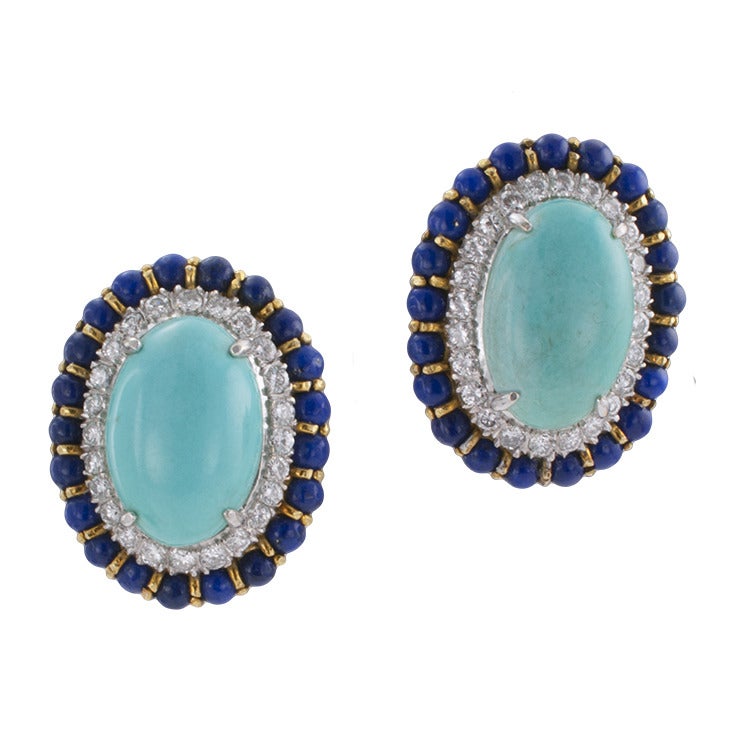 Day-Into-Night Turquoise, Lapis Lazuli and Diamond Earrings at 1stDibs