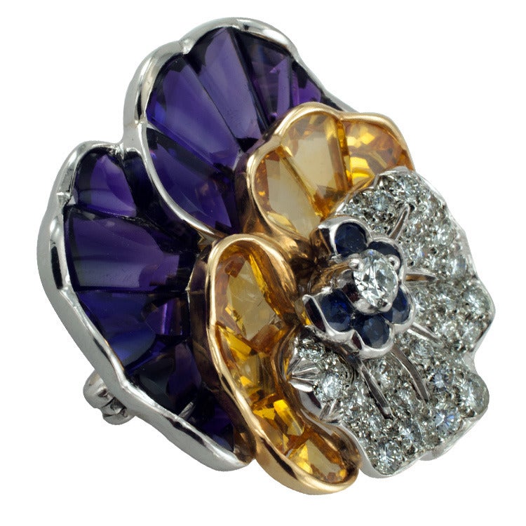 Tiffany Amethyst, Sapphire and Diamond Pansy Pin In Excellent Condition In Los Angeles, CA