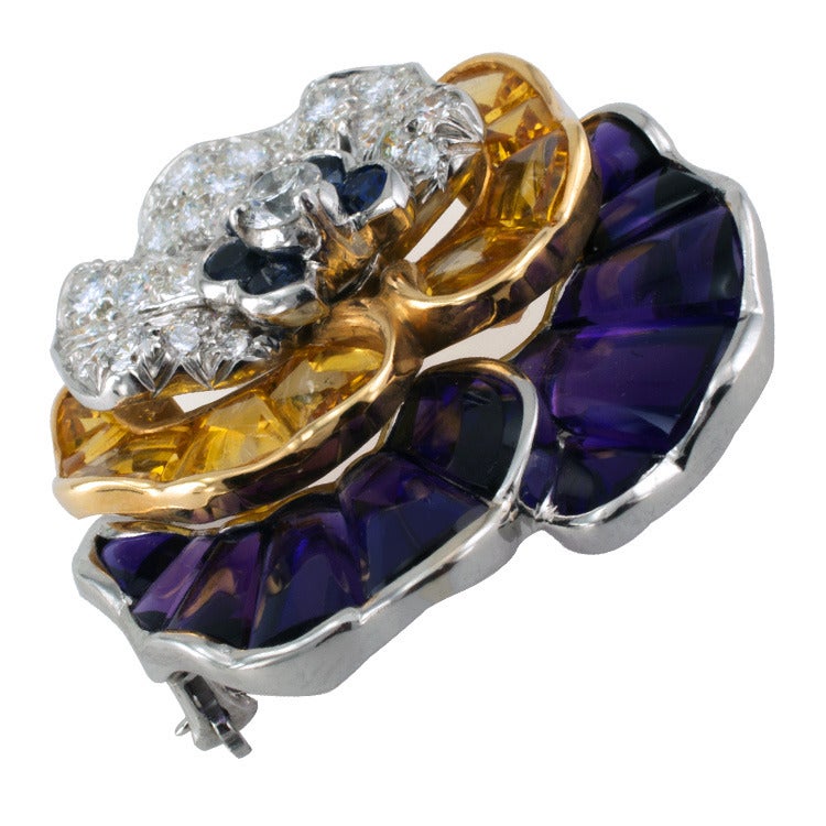 Women's or Men's Tiffany Amethyst, Sapphire and Diamond Pansy Pin