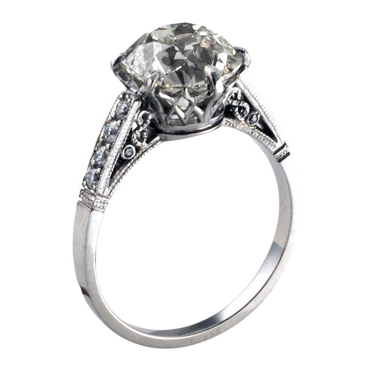 3.02 Carat Old Cushion Cut Diamond Platinum Engagement Ring In Excellent Condition In Los Angeles, CA
