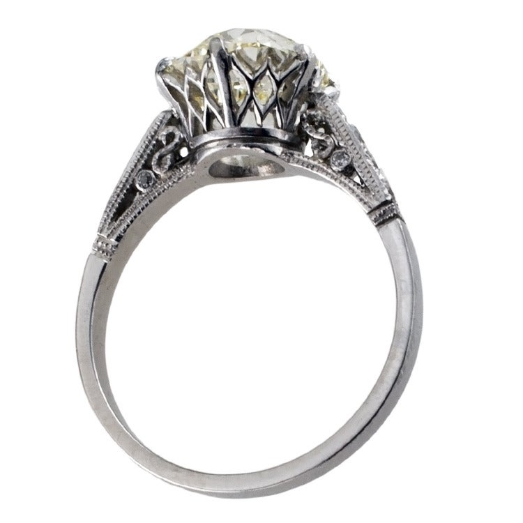 Women's 3.02 Carat Old Cushion Cut Diamond Platinum Engagement Ring