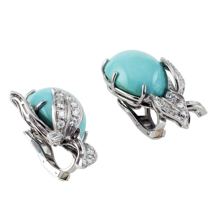 Beautiful Turquoise Diamond gold Ear Clips In Excellent Condition In Los Angeles, CA