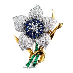 Exquisite Sapphire Emerald Diamond Flower Brooch