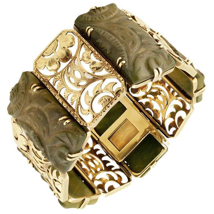 Dramatic Carved Soapstone Gold Bracelet