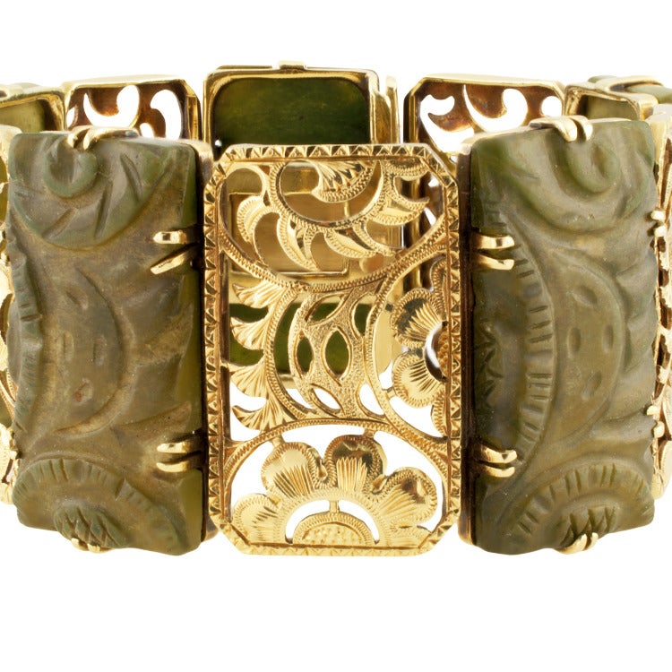 Dramatic Carved Soapstone Gold Bracelet at 1stdibs