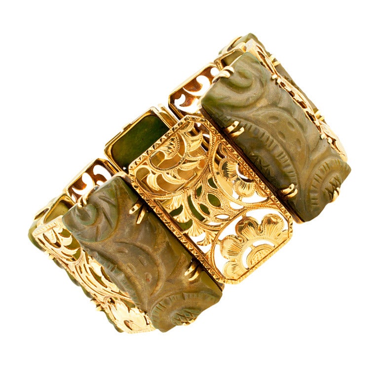 Dramatic Carved Soapstone Gold Bracelet at 1stdibs