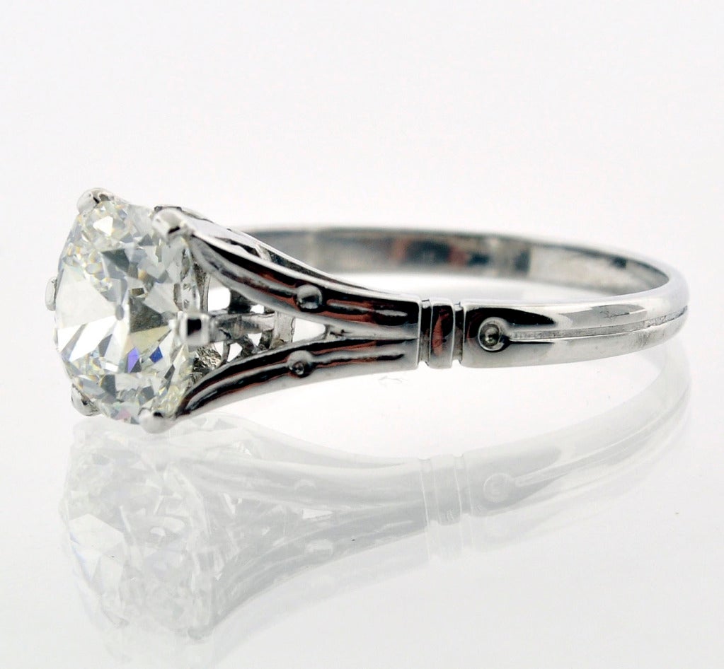 1.52 Carat Old Cushion-Cut Diamond Solitaire Ring, Circa 1925.

A single diamond of  this quality is a rare find in a genuine Art Deco ring.  The platinum ring is punctuated by simple elegant lines and the gallery enhances the romance with the