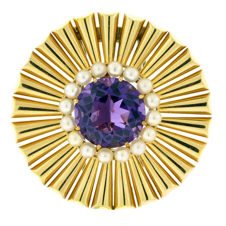 Tiffany & Co. Cultured Pearl Amethyst Gold Sunburst Brooch