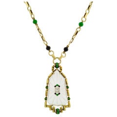 Unusual Reverse Carved Crystal & Enamel Art Deco Necklace