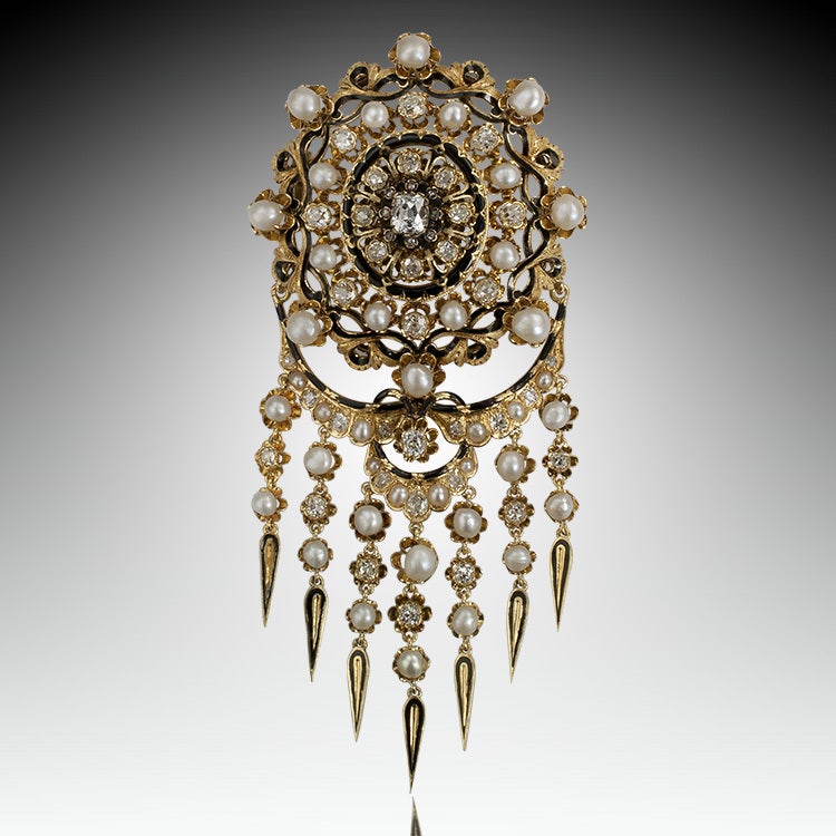 Women's Magnificent and Larger Scale Victorian Pearl  Diamond Brooch