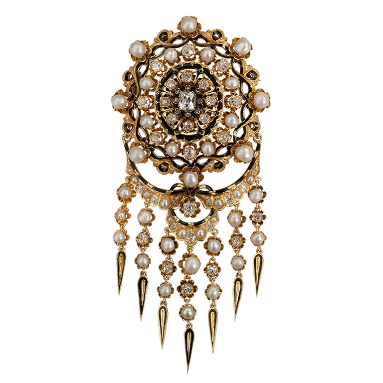 Magnificent and Larger Scale Victorian Pearl  Diamond Brooch