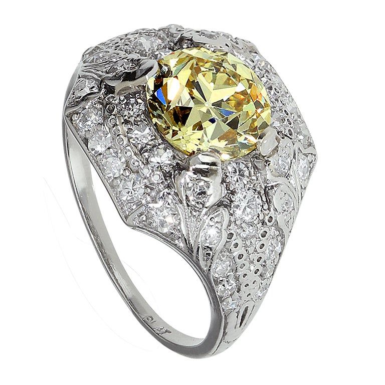 1.77 Carats Fancy Yellow Diamond Art Deco Ring