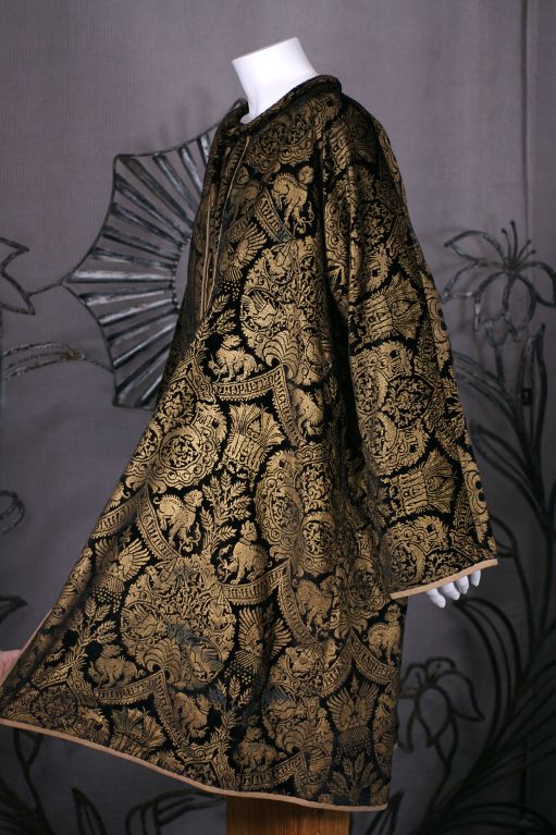 Brown Mariano Fortuny Black  Stencilled Velvet Long Coat For Sale