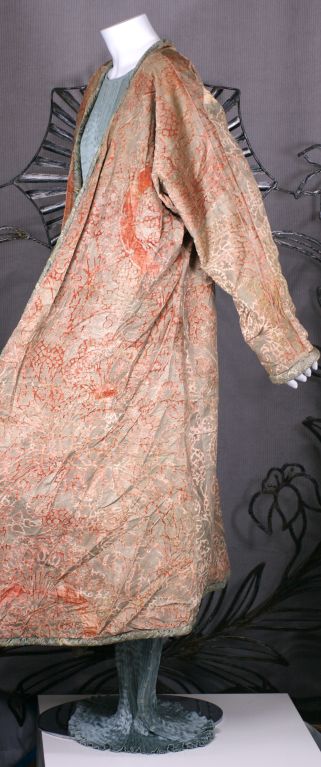 Brown Mariano Fortuny Pink Coral Stencilled Velvet Long Coat For Sale