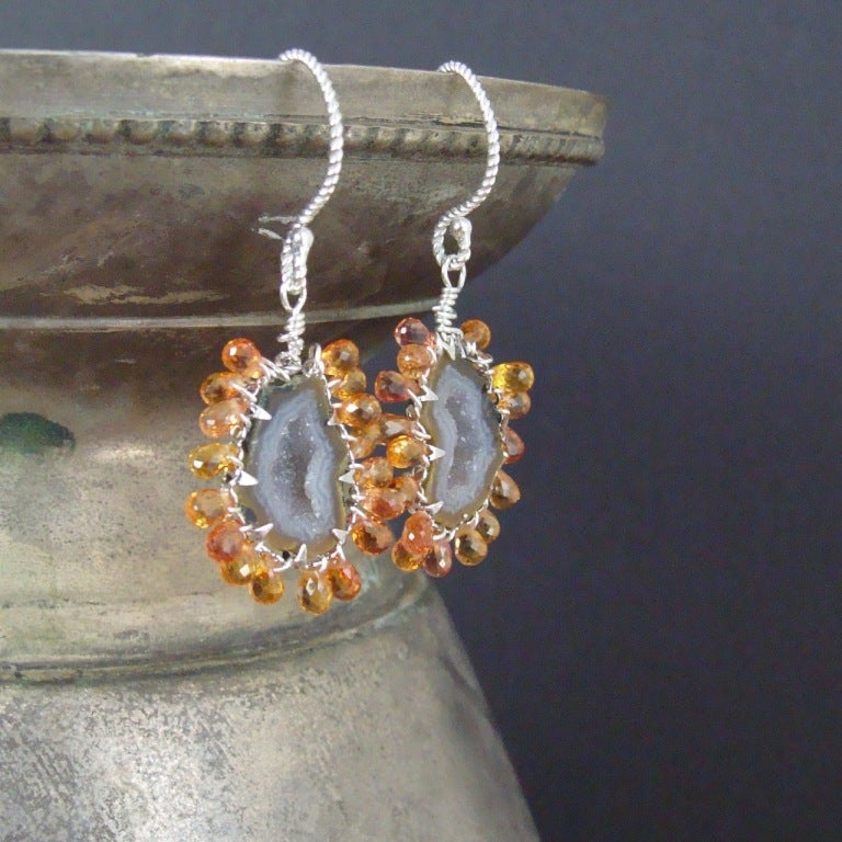 Agate Geodes & Sapphires Earrings - Natalie Earrings In New Condition In Colleyville, TX