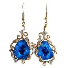 Blueberry Azurite Geodes Diamonds Gold Earrings