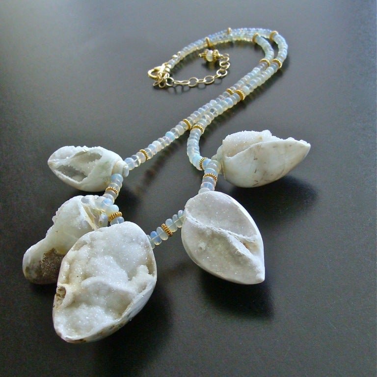 Artisan Fossilized Druzy Shells Ethiopian Opals - Zara Necklace For Sale