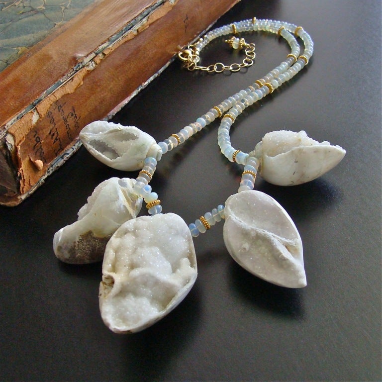 Fossilized Druzy Shells Ethiopian Opals - Zara Necklace In New Condition For Sale In Colleyville, TX