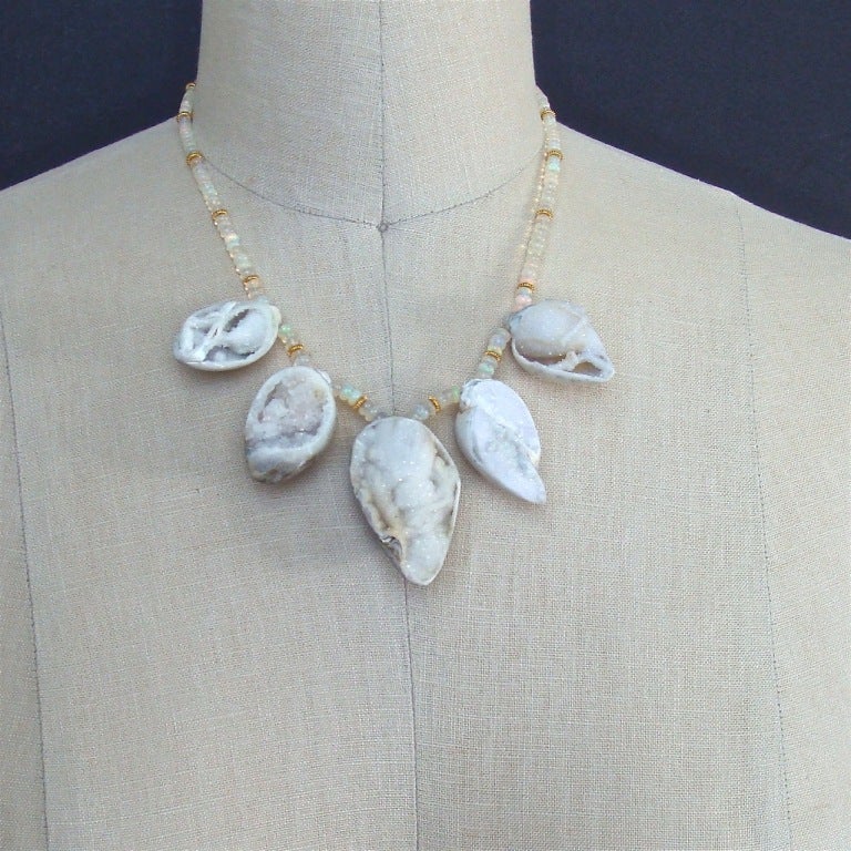 Fossilized Druzy Shells Ethiopian Opals - Zara Necklace For Sale 1