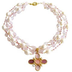 Cherubs Intaglio Pendant Rose Quartz Pink Topaz Necklace - Veron