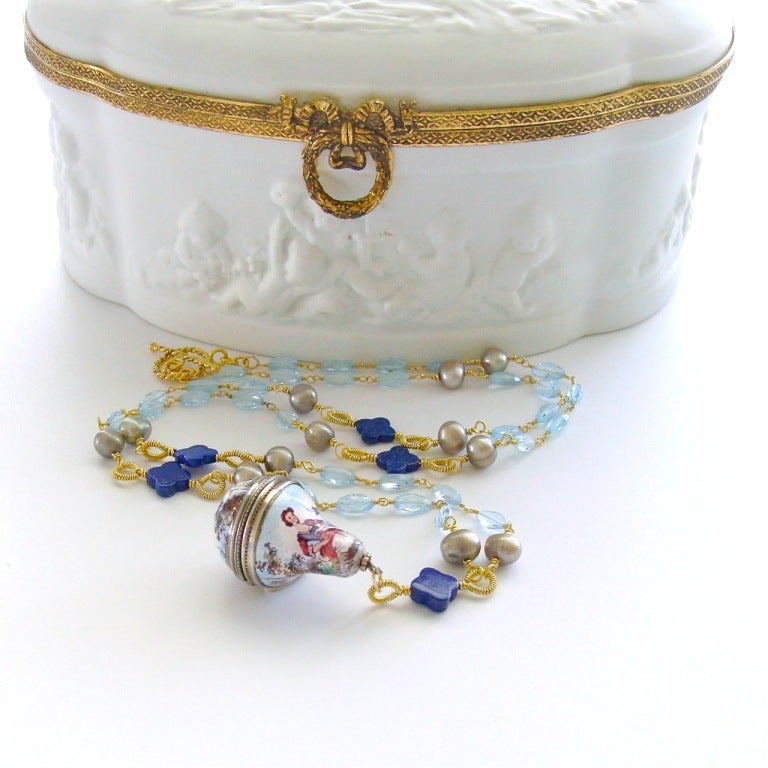 Antique Enamel Vinaigrette Blue Topaz Lapis Quatrefoils Necklac