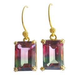 Bi Color Tourmaline Topaz Emerald Cut Fleur de Lis Earrings