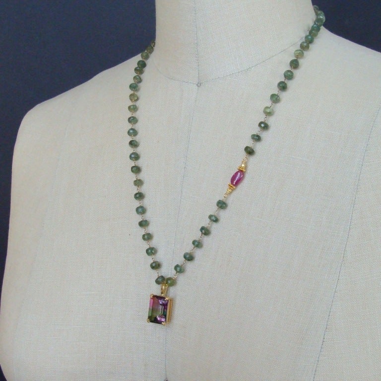 Women's Green Tourmaline Bi Color Topaz Pink Sapphire Necklace