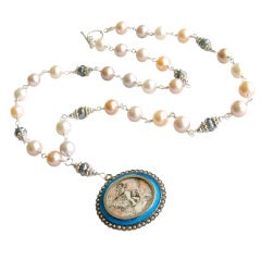 Guilloche Locket Grisaille Putti Pink Pearls Labradorite Necklace