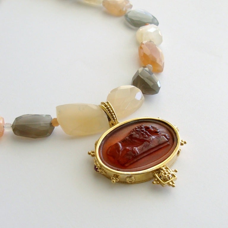 Lazise Necklace - A rich root beer colored Italian glass intaglio, backed with Mother-of-Pearl, featuring a lion in repose - becomes the focal point of this classic necklace design.  This gorgeous work of art has been married to a necklace of