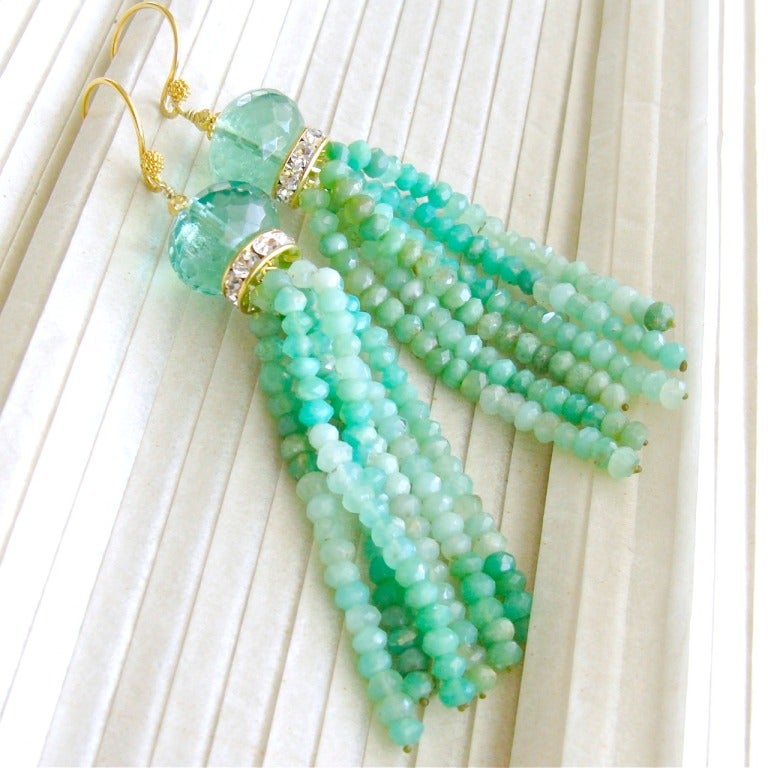 Chrysoprase Green Fluorite Tassel Earrings - Coralia Earrings 1