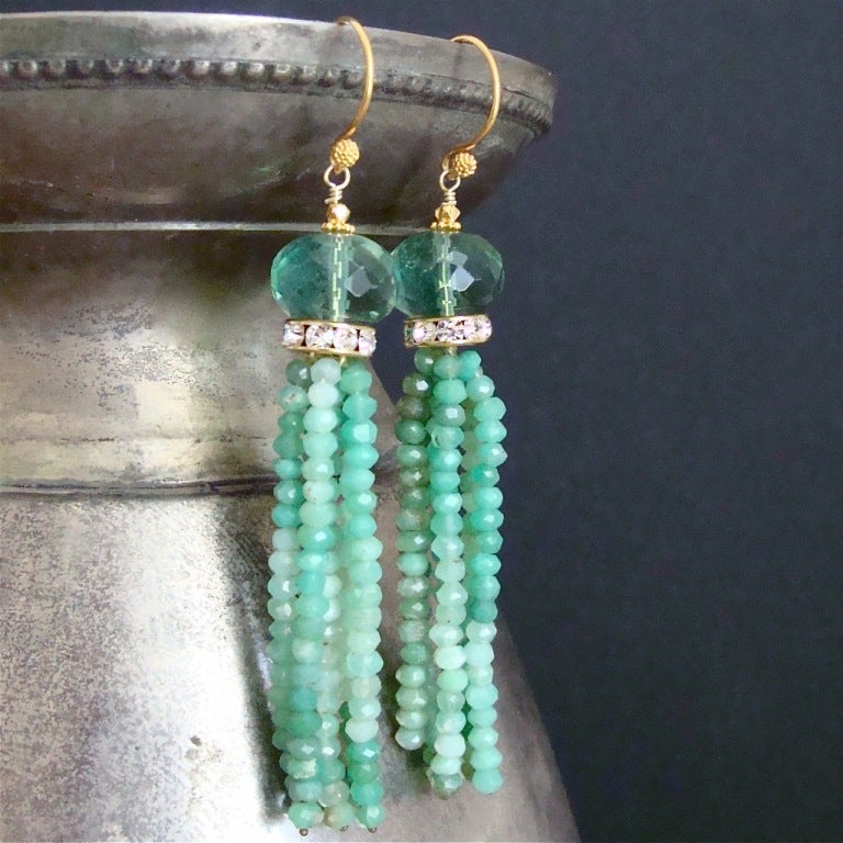 Chrysoprase Green Fluorite Tassel Earrings - Coralia Earrings 2