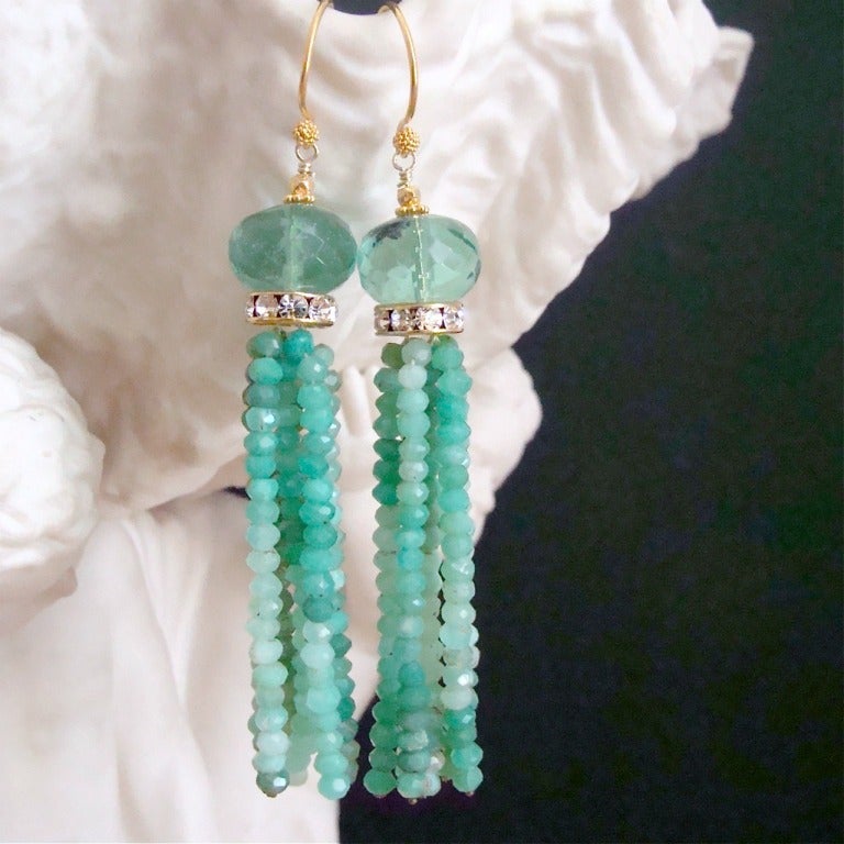 Chrysoprase Green Fluorite Tassel Earrings - Coralia Earrings 3