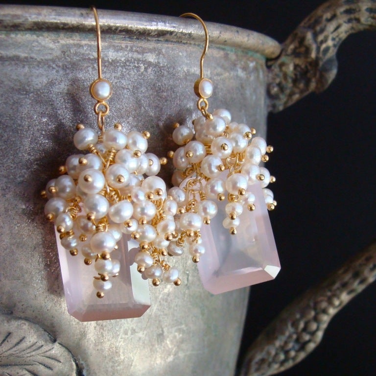Pétales de Rose Earrings - Delicate blush pink and diaphanous emerald-cut rose quartz stones are crowned with a frothy explosion of creamy white button pearls to create a traditional, yet uniquely feminine, pair of  earrings. This ladylike design is