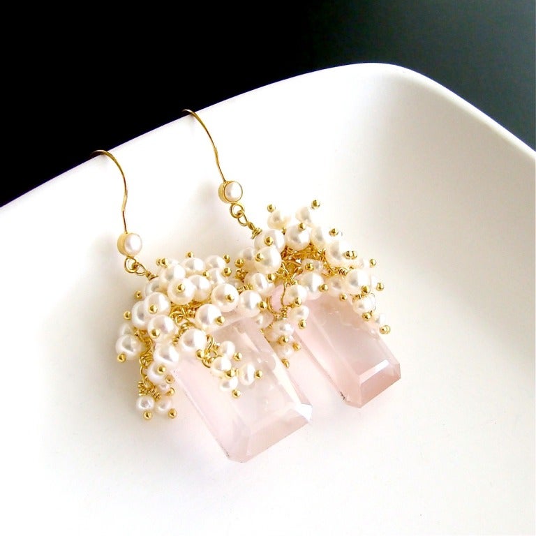 Women's Emerald Cut Rose Quartz & Button Pearl Earrings