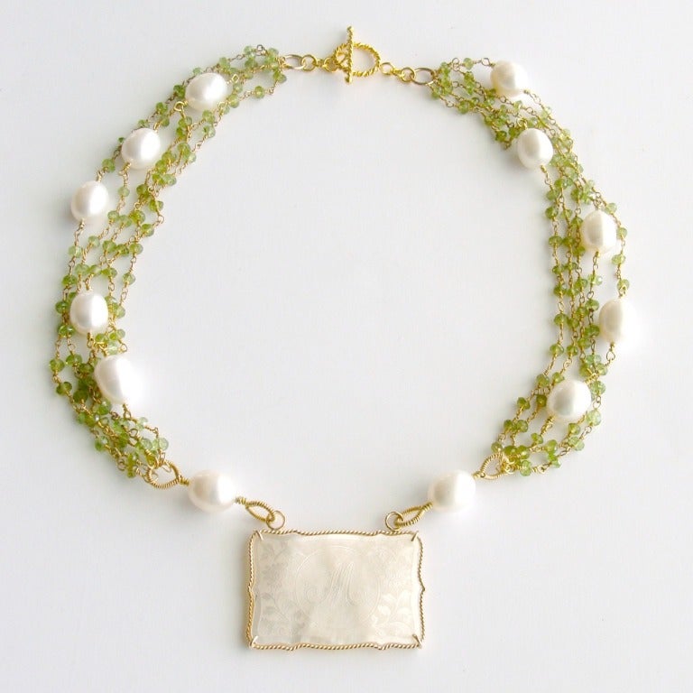 Antique Chinese Game Counter Peridot Baroque Pearls Necklace