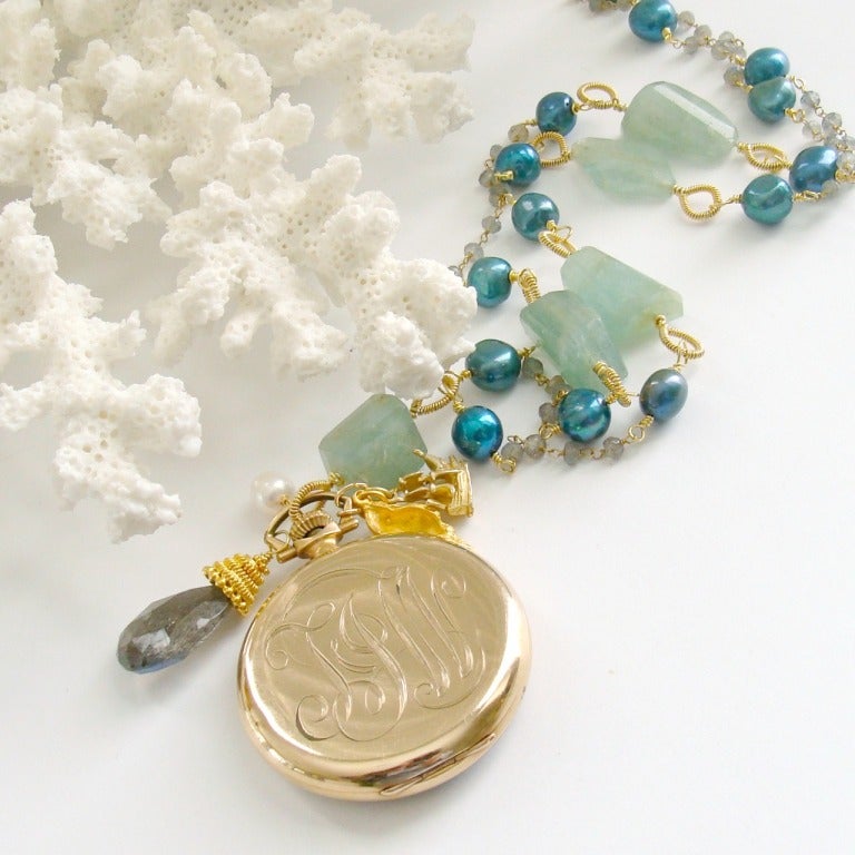 Women's Sailors Valentine Aquamarine Nuggets  Labradorite Necklace