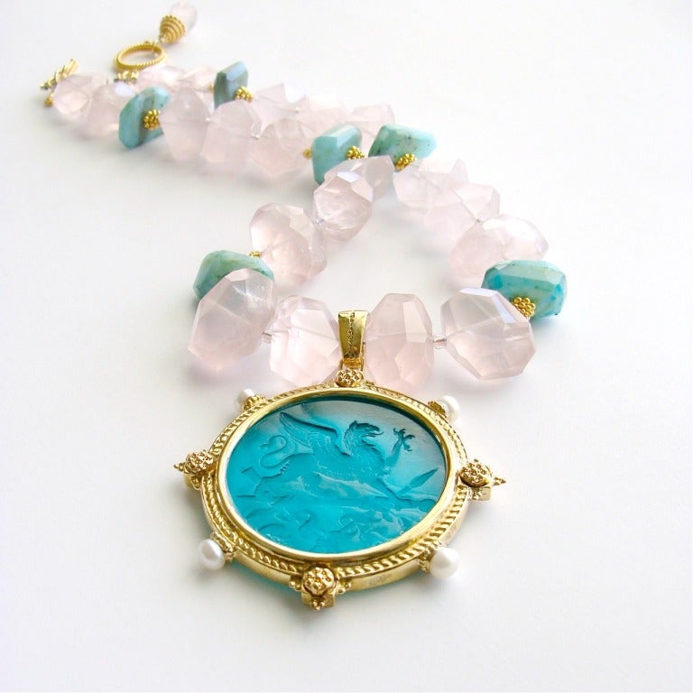 Women's Intaglio Griffin Pendant Rose Quartz Blue Peruvian Opal Necklace