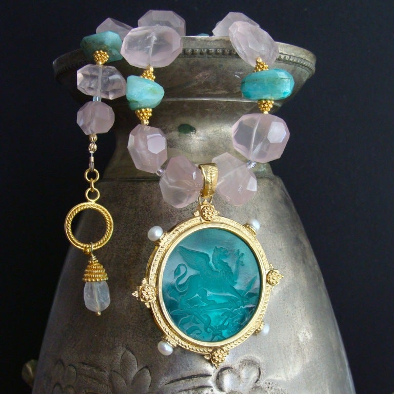 Intaglio Griffin Pendant Rose Quartz Blue Peruvian Opal Necklace 3