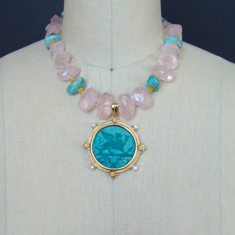 Intaglio Griffin Pendant Rose Quartz Blue Peruvian Opal Necklace 4