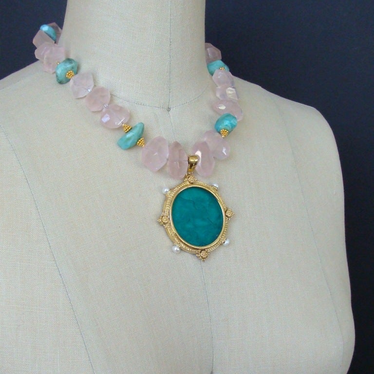 Intaglio Griffin Pendant Rose Quartz Blue Peruvian Opal Necklace 5