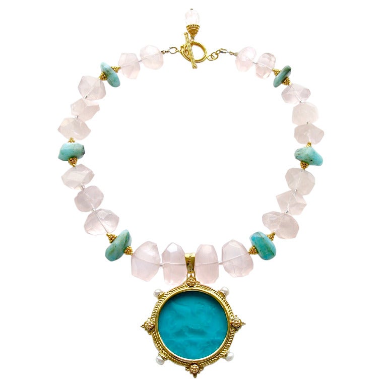 Intaglio Griffin Pendant Rose Quartz Blue Peruvian Opal Necklace