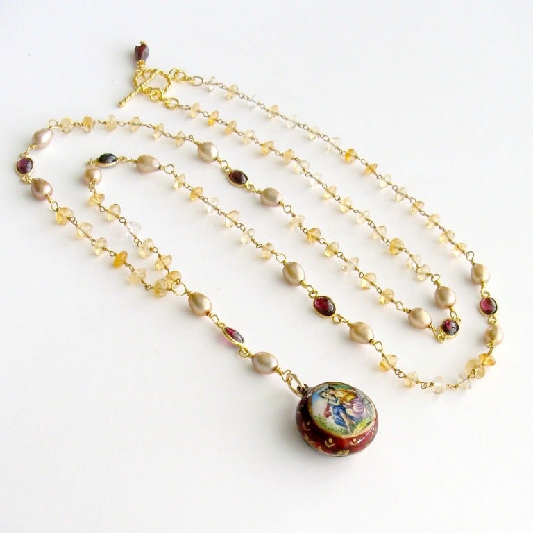 Victorian Enamel Vinaigrette Necklace Citrine and Brezza