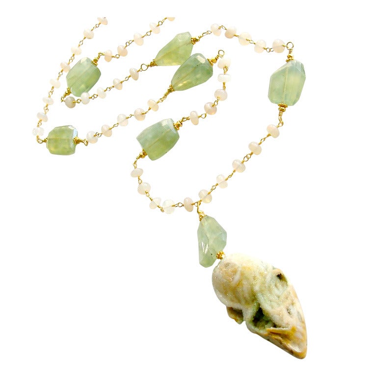 Fossilized Druzy Shell Ethiopian Opals Prehnite Necklace