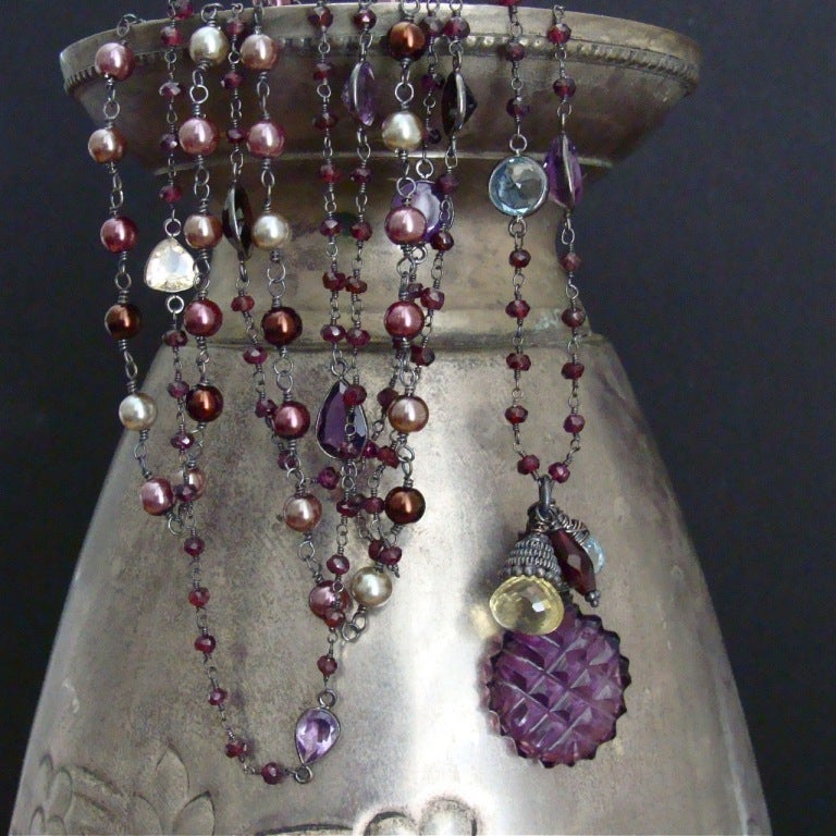Triple Strand Garnet Necklace Amethyst Chatelaine Scent Bottle In New Condition In Colleyville, TX