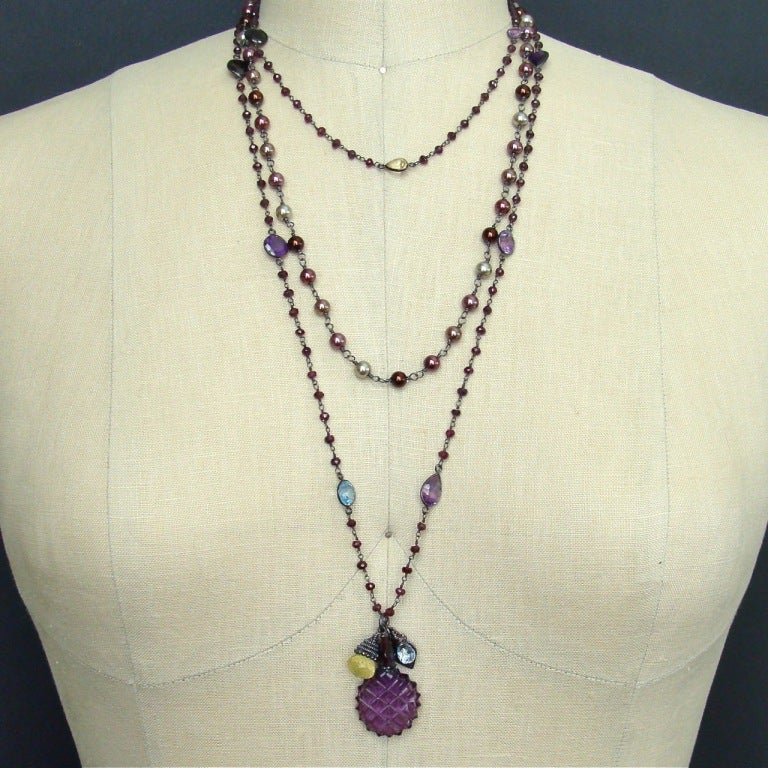 Women's Triple Strand Garnet Necklace Amethyst Chatelaine Scent Bottle