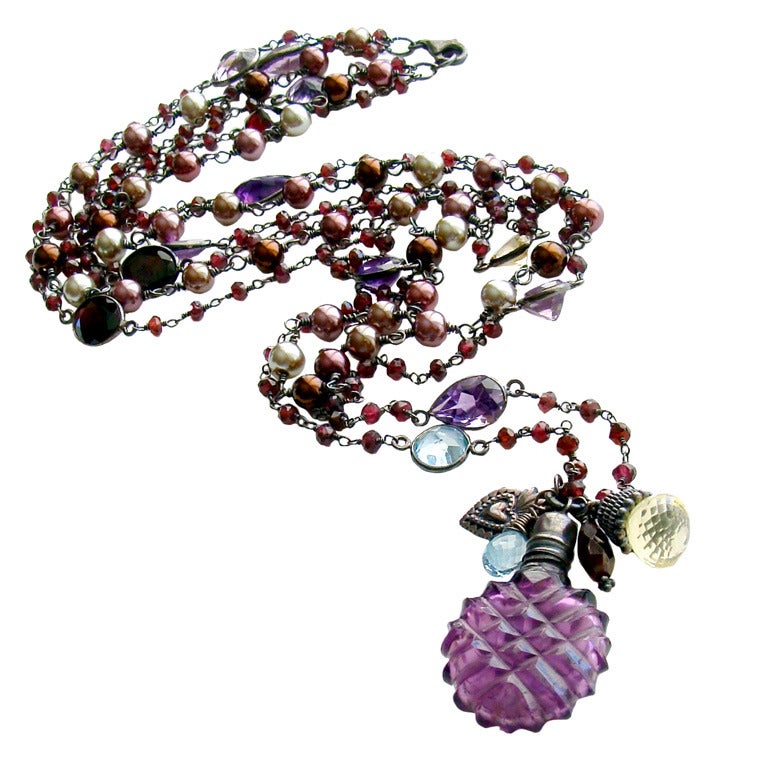 Triple Strand Garnet Necklace Amethyst Chatelaine Scent Bottle