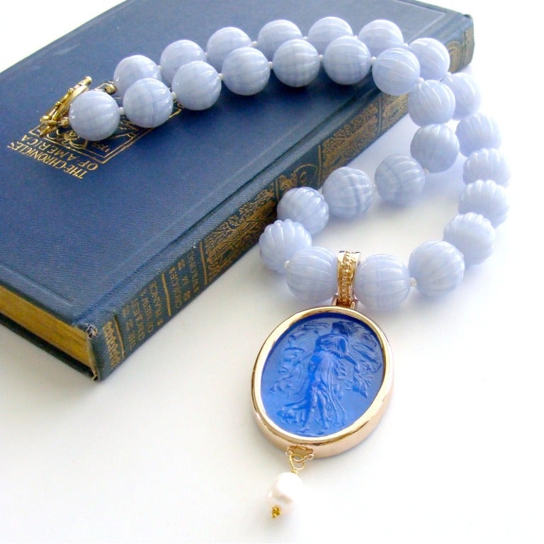 Neoclassical Carved Blue Lace Agate Venetian Intaglio Necklace - Isola Bela Necklace