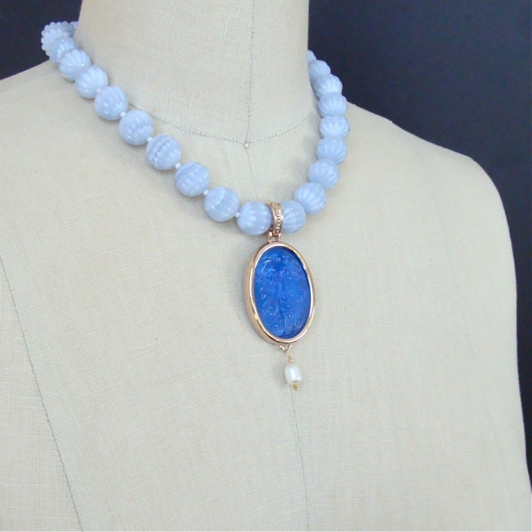 Women's Carved Blue Lace Agate Venetian Intaglio Necklace - Isola Bela Necklace