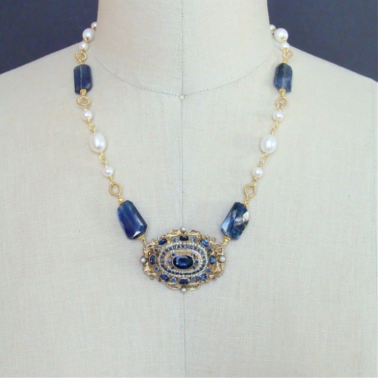 Austro Hungarian Brooch Kyanite Freshwater Pearls Necklace In New Condition For Sale In Colleyville, TX